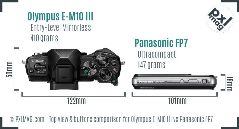 Olympus E-M10 III vs Panasonic FP7 top view buttons comparison