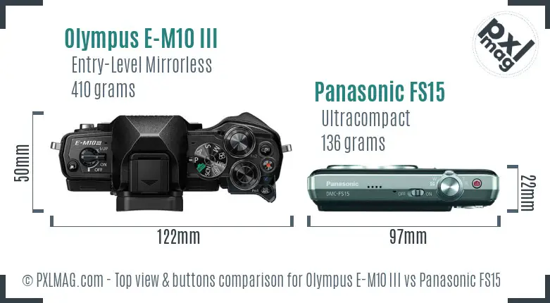 Olympus E-M10 III vs Panasonic FS15 top view buttons comparison