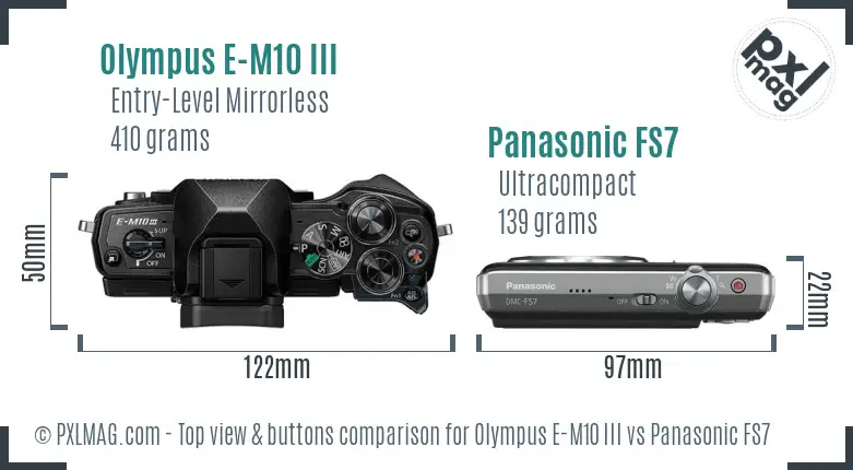 Olympus E-M10 III vs Panasonic FS7 top view buttons comparison