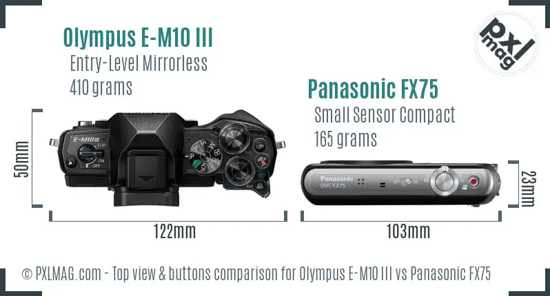 Olympus E-M10 III vs Panasonic FX75 top view buttons comparison