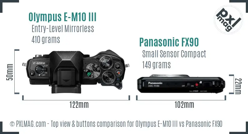 Olympus E-M10 III vs Panasonic FX90 top view buttons comparison