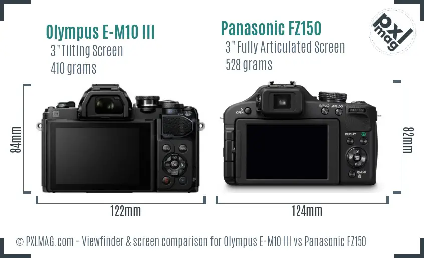 Olympus E-M10 III vs Panasonic FZ150 Screen and Viewfinder comparison