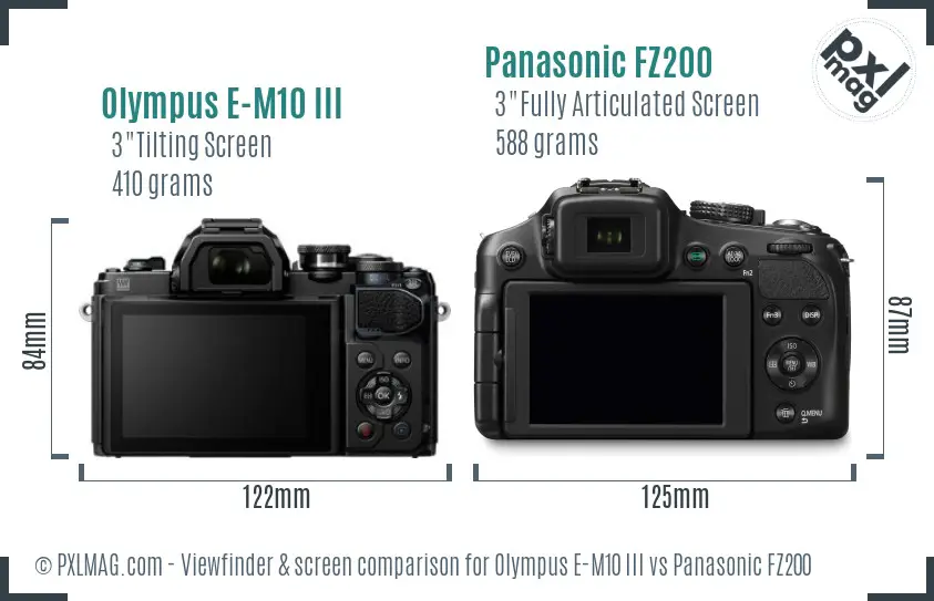 Olympus E-M10 III vs Panasonic FZ200 Screen and Viewfinder comparison