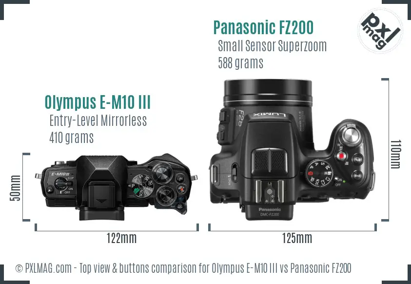 Olympus E-M10 III vs Panasonic FZ200 top view buttons comparison