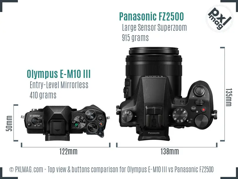 Olympus E-M10 III vs Panasonic FZ2500 top view buttons comparison