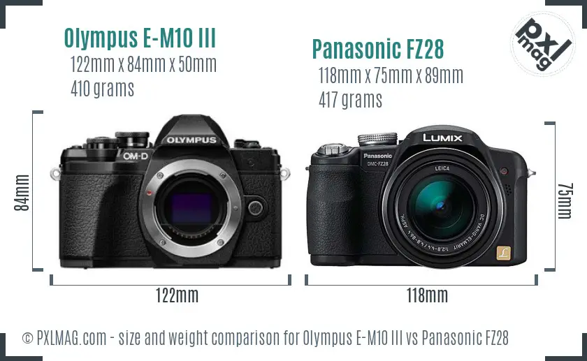 Olympus E-M10 III vs Panasonic FZ28 size comparison