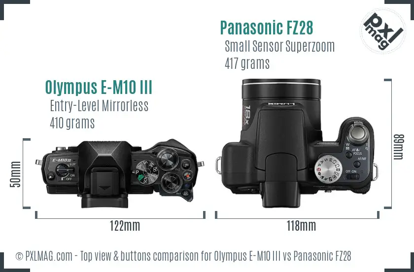 Olympus E-M10 III vs Panasonic FZ28 top view buttons comparison