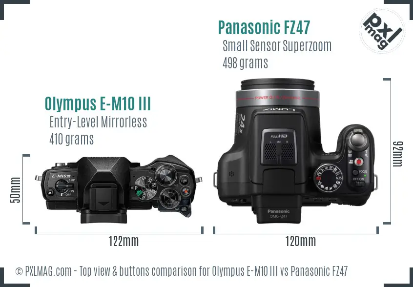 Olympus E-M10 III vs Panasonic FZ47 top view buttons comparison