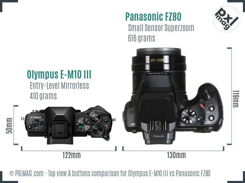 Olympus E-M10 III vs Panasonic FZ80 top view buttons comparison