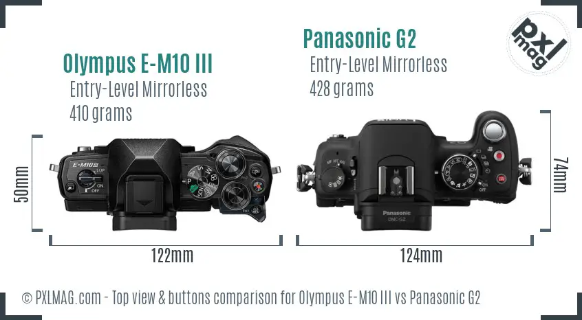 Olympus E-M10 III vs Panasonic G2 top view buttons comparison