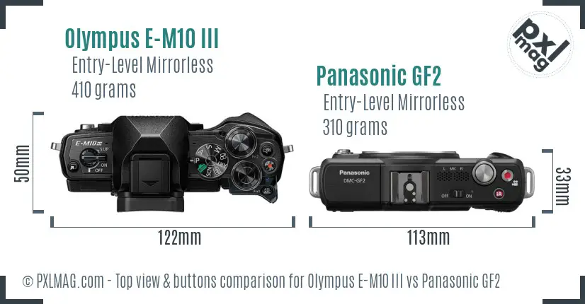 Olympus E-M10 III vs Panasonic GF2 top view buttons comparison