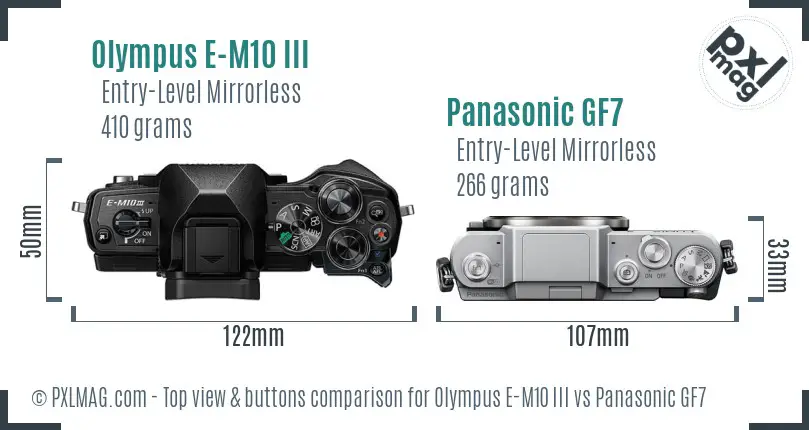 Olympus E-M10 III vs Panasonic GF7 top view buttons comparison