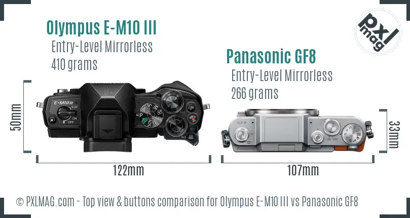 Olympus E-M10 III vs Panasonic GF8 top view buttons comparison