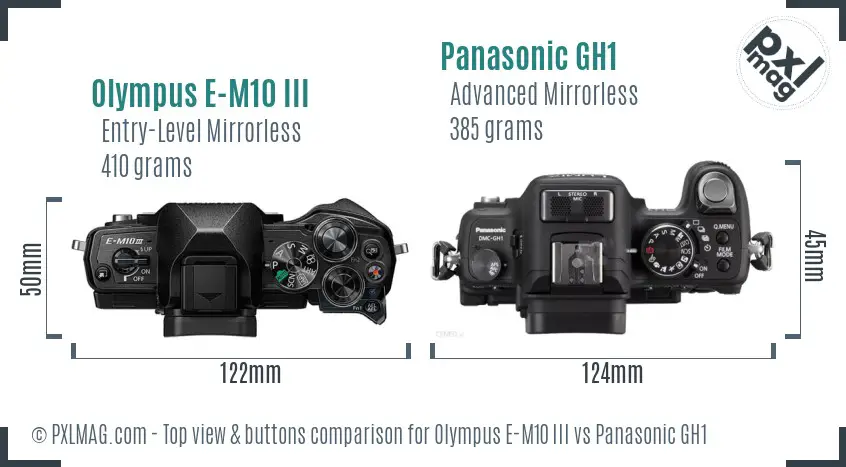 Olympus E-M10 III vs Panasonic GH1 top view buttons comparison