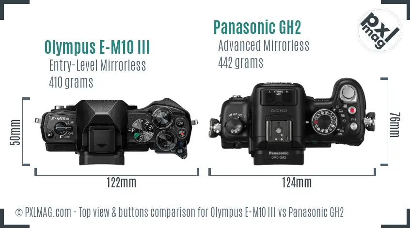 Olympus E-M10 III vs Panasonic GH2 top view buttons comparison