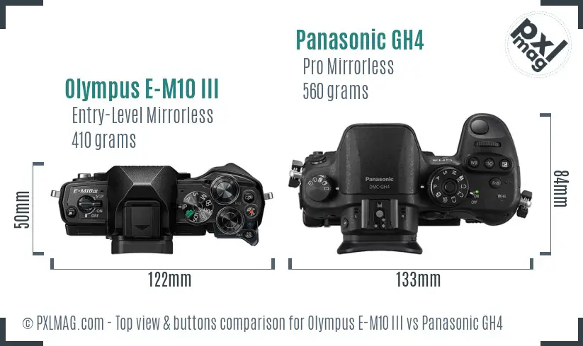 Olympus E-M10 III vs Panasonic GH4 top view buttons comparison