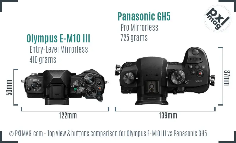 Olympus E-M10 III vs Panasonic GH5 top view buttons comparison