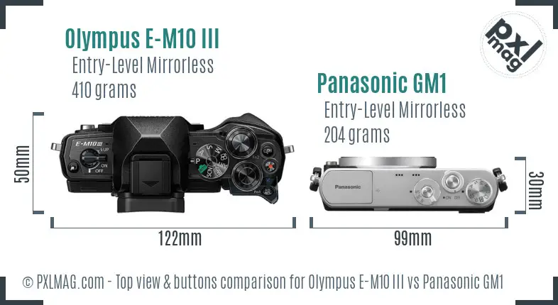 Olympus E-M10 III vs Panasonic GM1 top view buttons comparison