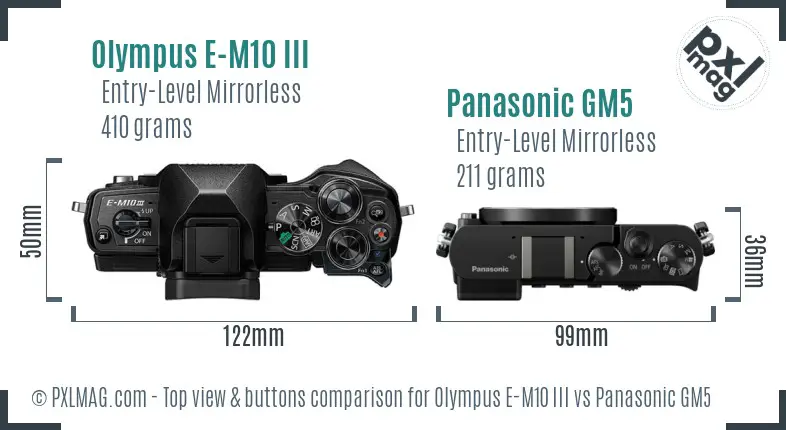Olympus E-M10 III vs Panasonic GM5 top view buttons comparison