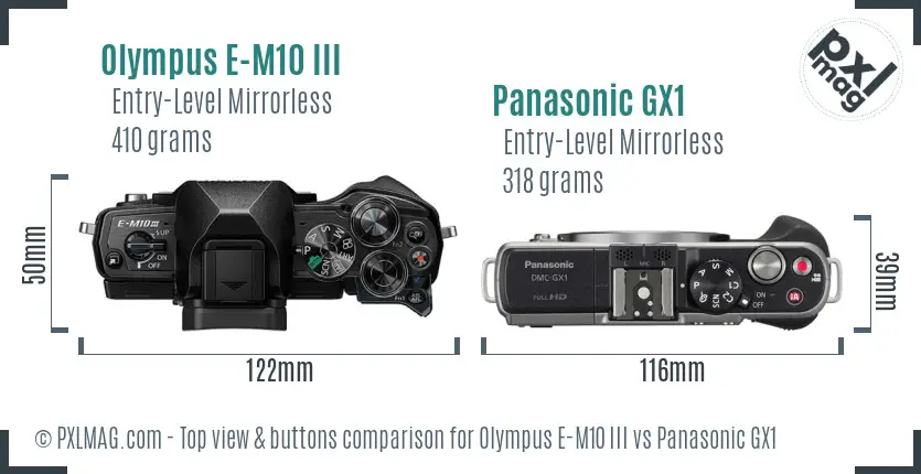 Olympus E-M10 III vs Panasonic GX1 top view buttons comparison