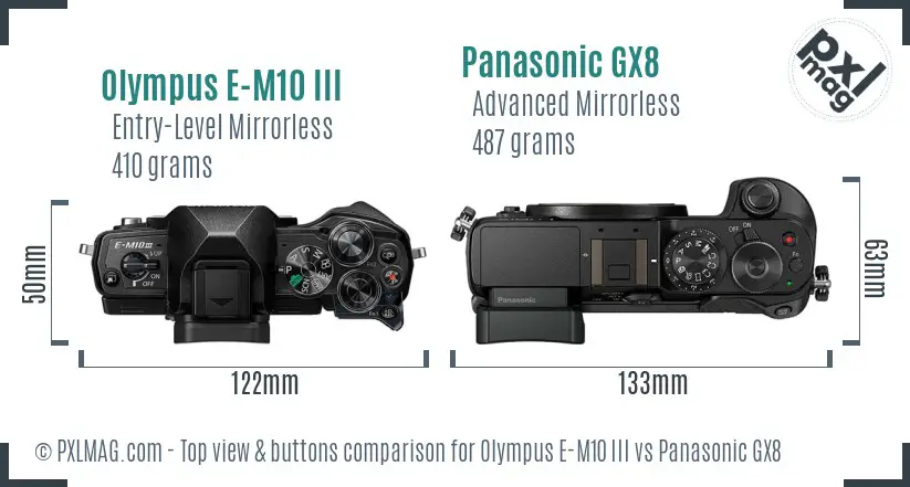 Olympus E-M10 III vs Panasonic GX8 top view buttons comparison