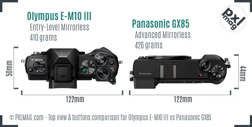 Olympus E-M10 III vs Panasonic GX85 top view buttons comparison