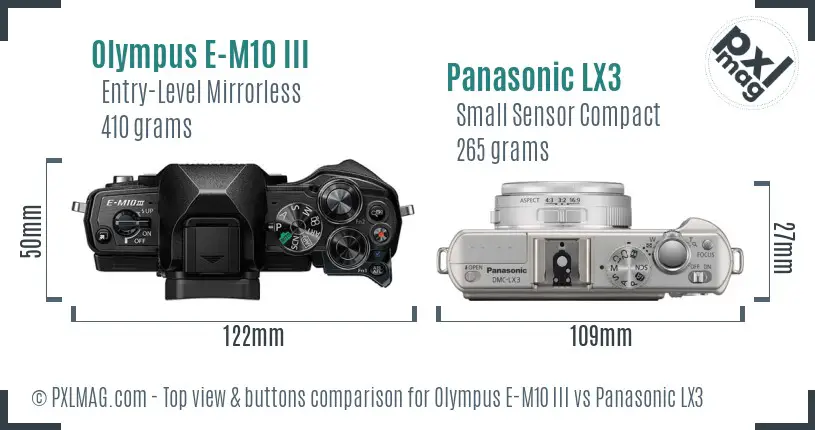 Olympus E-M10 III vs Panasonic LX3 top view buttons comparison