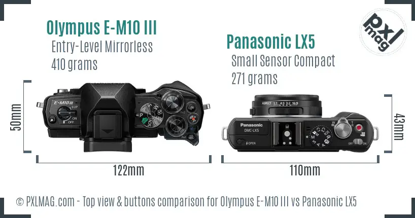 Olympus E-M10 III vs Panasonic LX5 top view buttons comparison