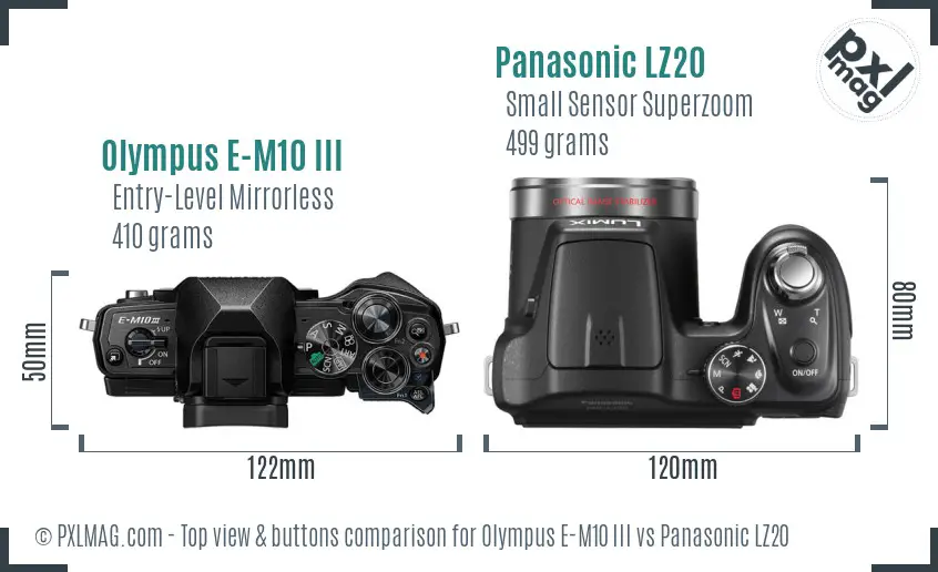 Olympus E-M10 III vs Panasonic LZ20 top view buttons comparison