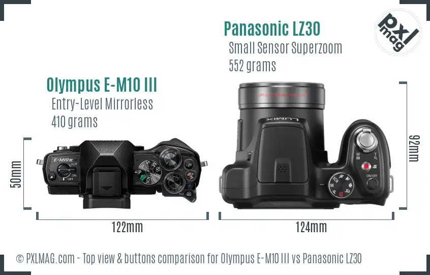 Olympus E-M10 III vs Panasonic LZ30 top view buttons comparison
