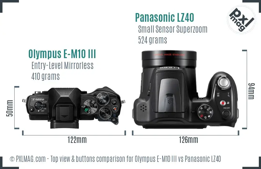 Olympus E-M10 III vs Panasonic LZ40 top view buttons comparison