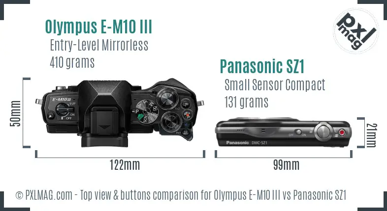 Olympus E-M10 III vs Panasonic SZ1 top view buttons comparison Olympus E-M10 III vs Panasonic SZ1 top view buttons comparison