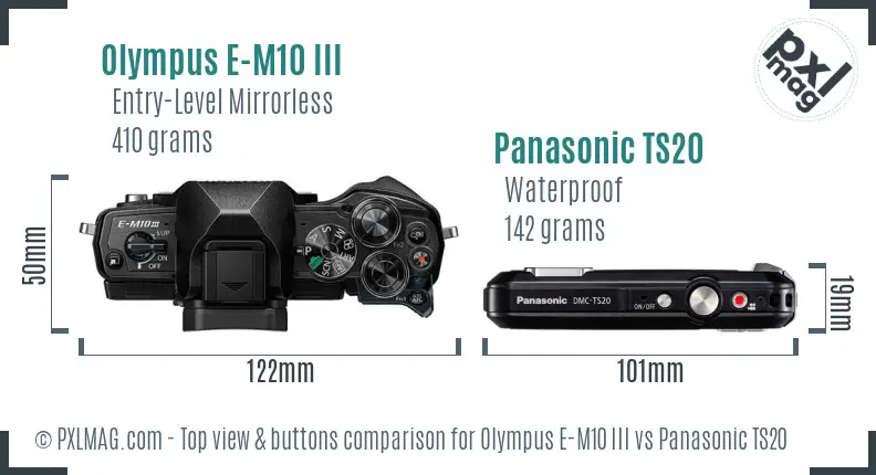 Olympus E-M10 III vs Panasonic TS20 top view buttons comparison Olympus E-M10 III vs Panasonic TS20 top view buttons comparison