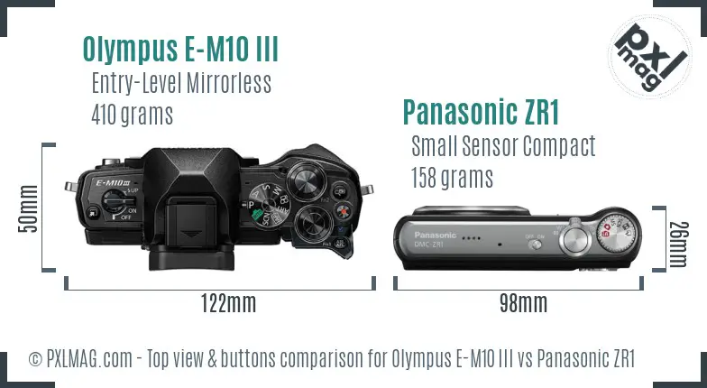 Olympus E-M10 III vs Panasonic ZR1 top view buttons comparison