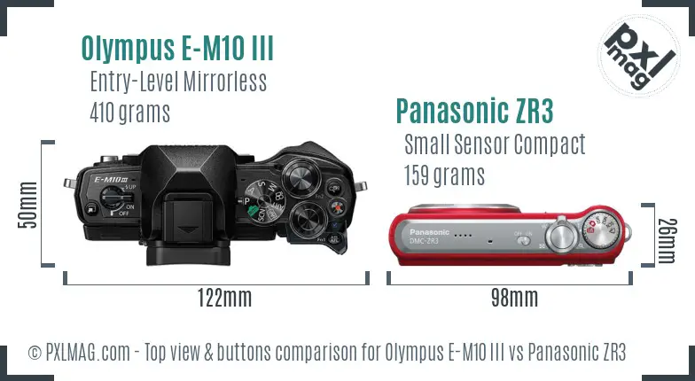 Olympus E-M10 III vs Panasonic ZR3 top view buttons comparison