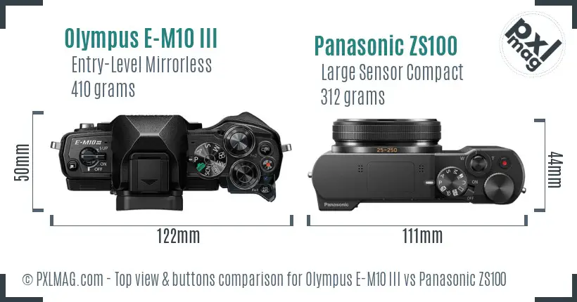 Olympus E-M10 III vs Panasonic ZS100 top view buttons comparison