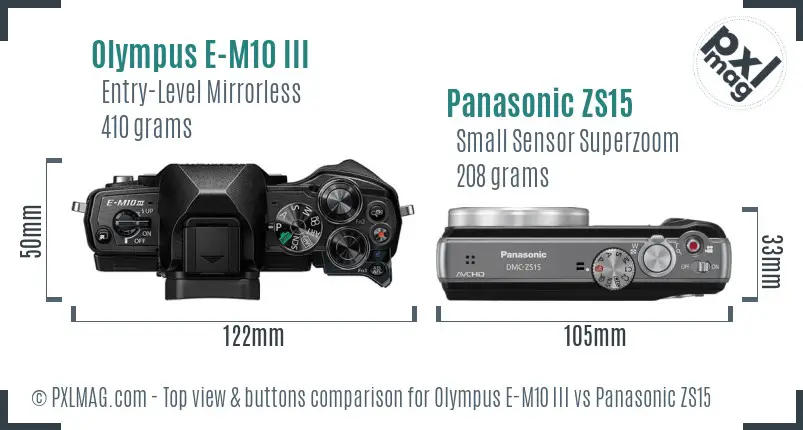 Olympus E-M10 III vs Panasonic ZS15 top view buttons comparison