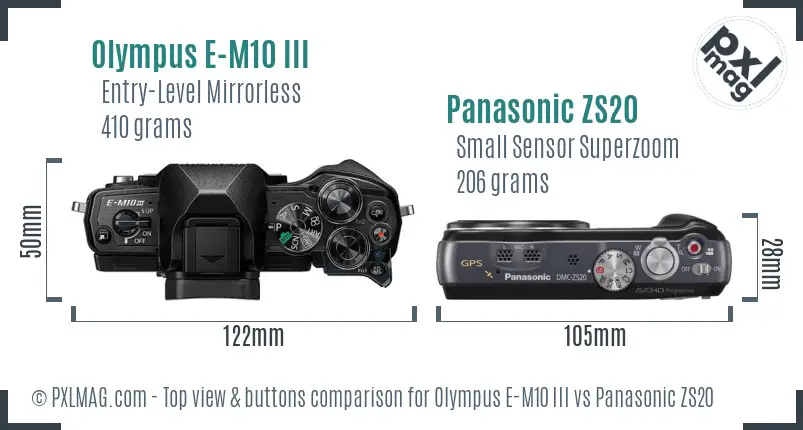 Olympus E-M10 III vs Panasonic ZS20 top view buttons comparison
