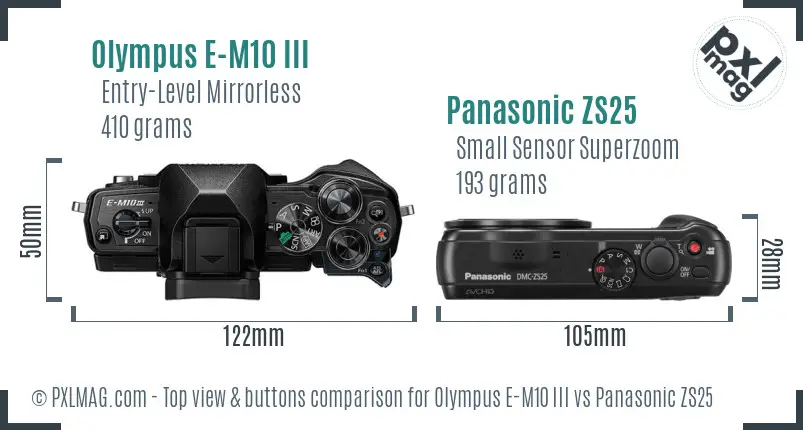 Olympus E-M10 III vs Panasonic ZS25 top view buttons comparison
