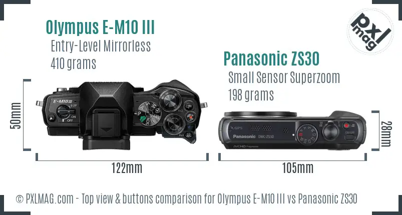 Olympus E-M10 III vs Panasonic ZS30 top view buttons comparison