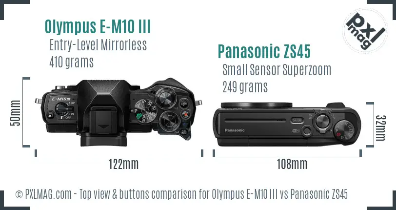 Olympus E-M10 III vs Panasonic ZS45 top view buttons comparison