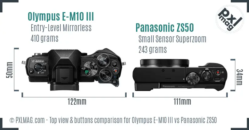 Olympus E-M10 III vs Panasonic ZS50 top view buttons comparison