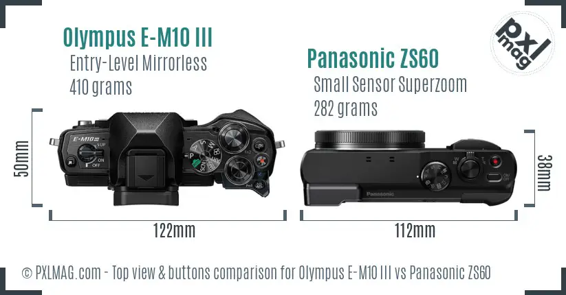 Olympus E-M10 III vs Panasonic ZS60 top view buttons comparison