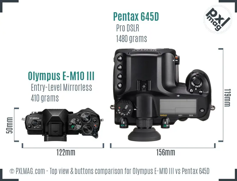 Olympus E-M10 III vs Pentax 645D top view buttons comparison