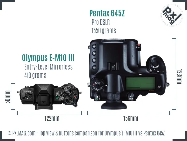 Olympus E-M10 III vs Pentax 645Z top view buttons comparison