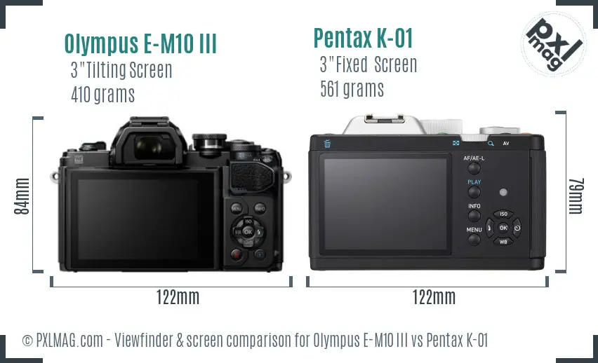 Olympus E-M10 III vs Pentax K-01 Screen and Viewfinder comparison
