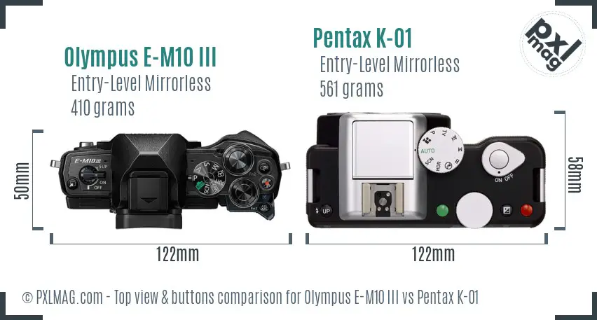Olympus E-M10 III vs Pentax K-01 top view buttons comparison