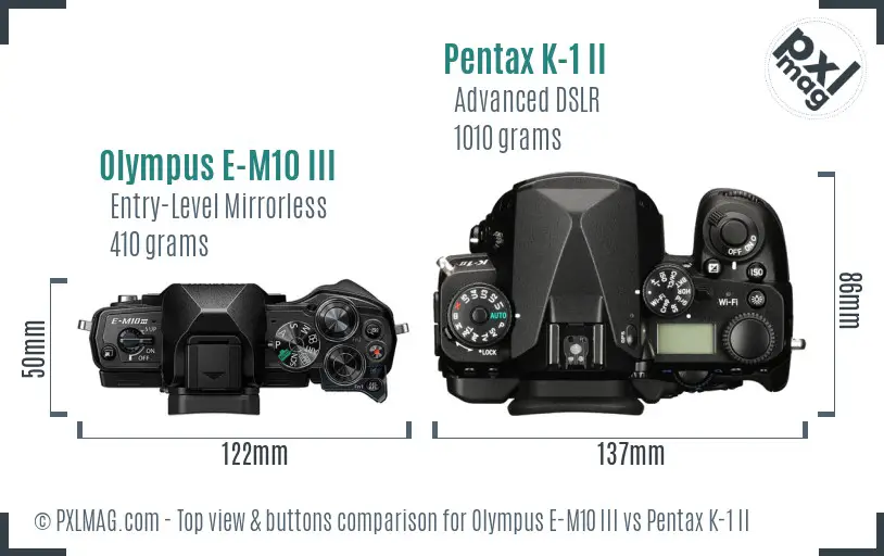 Olympus E-M10 III vs Pentax K-1 II top view buttons comparison