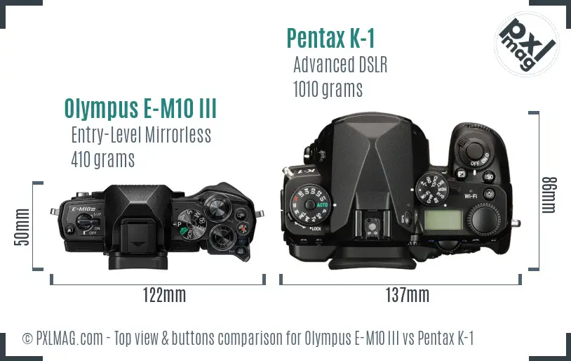 Olympus E-M10 III vs Pentax K-1 top view buttons comparison