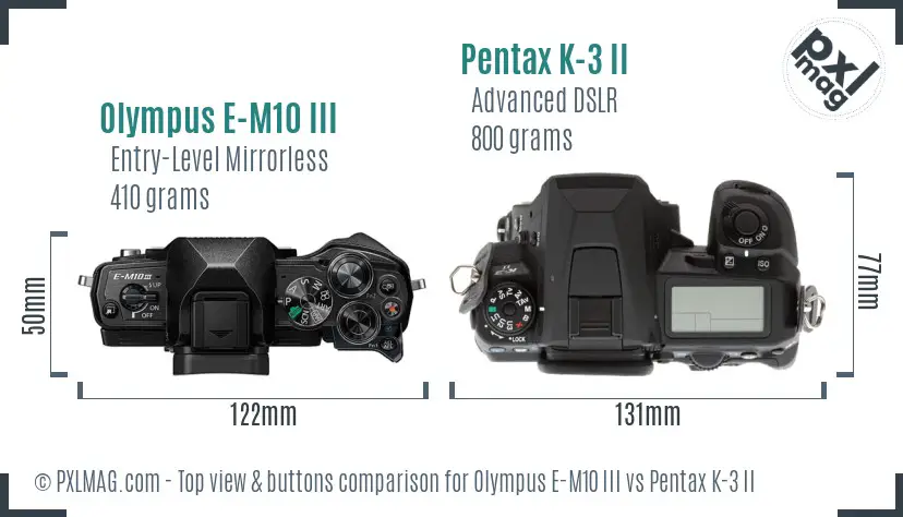 Olympus E-M10 III vs Pentax K-3 II top view buttons comparison